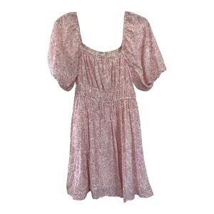 Pink Floral Puff-sleeve Dress